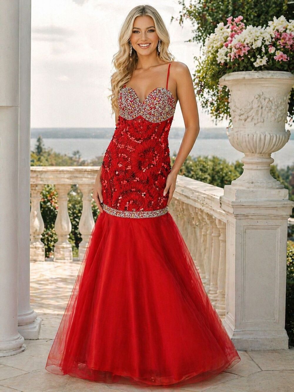 WOW Prom Pageant Red Beaded Sequin Mermaid Dress Sz 6 NWT Formal Rhinestone Gown